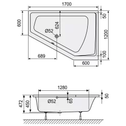 DUSCHOLUX Prime-Line 254 Raumsparwanne Asymmetrisch Einbau Ecke Rechts