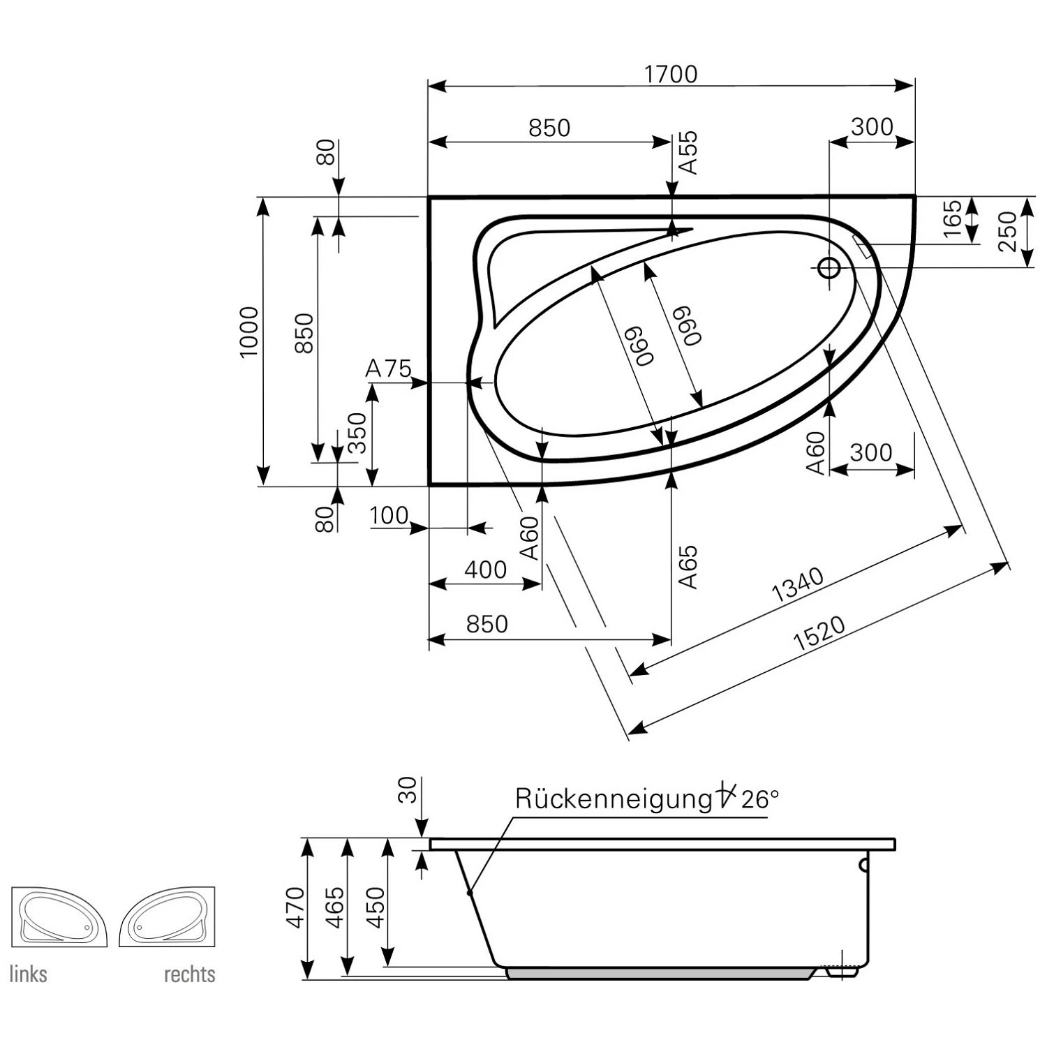 Mauersberger Eck-Badewanne Aspera 170 X 100 Cm Ausführung Rechts 2 Mauersberger Eck-Badewanne Aspera 170 X 100 Cm Ausführung Rechts – Bild 2