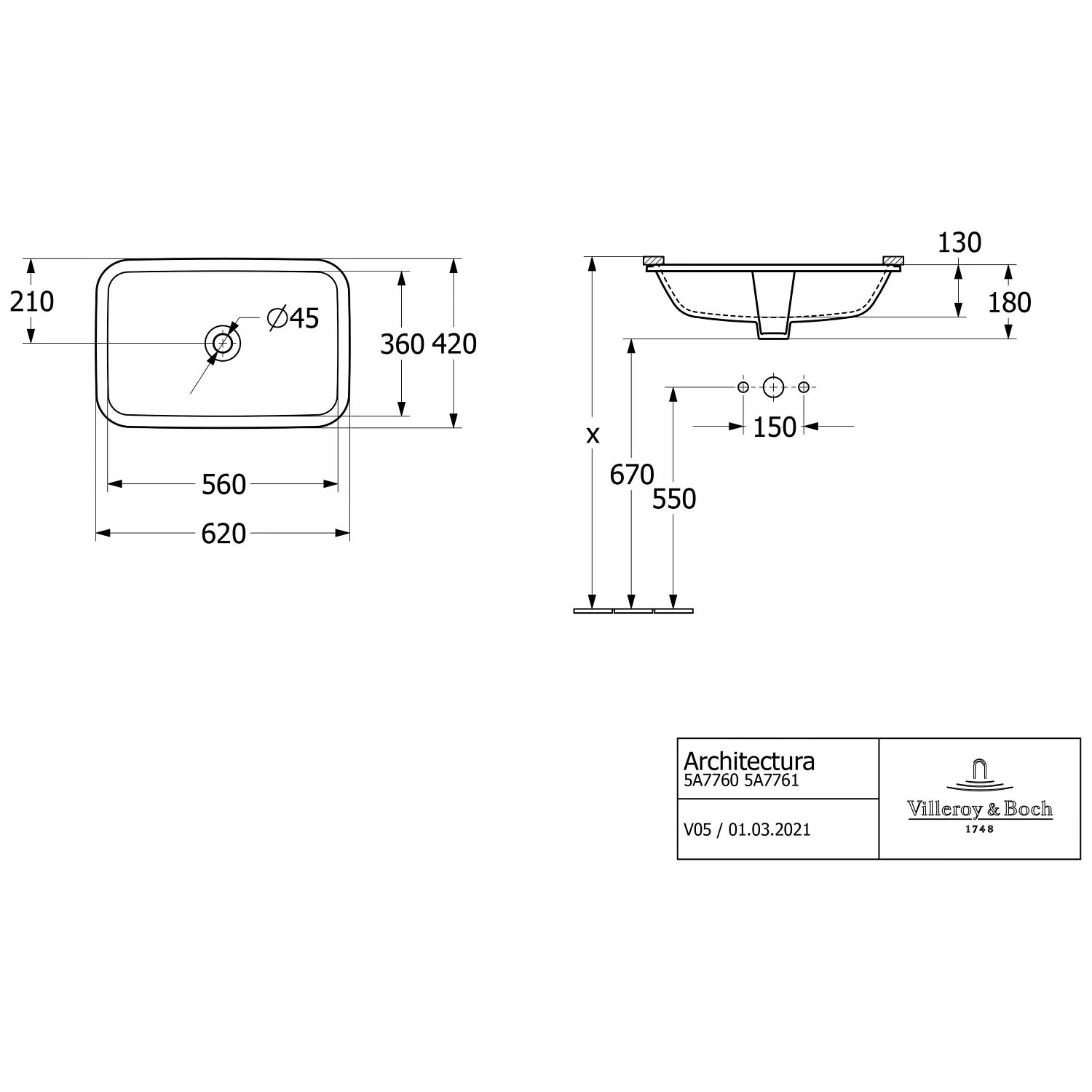 Villeroy & Boch Architectura Unterbauwaschbecken 62 X 42 Cm Rechteckig, Ohne Überlauf, Ungeschliffen 4 Villeroy & Boch Architectura Unterbauwaschbecken 62 X 42 Cm Rechteckig, Ohne Überlauf, Ungeschliffen – Bild 4